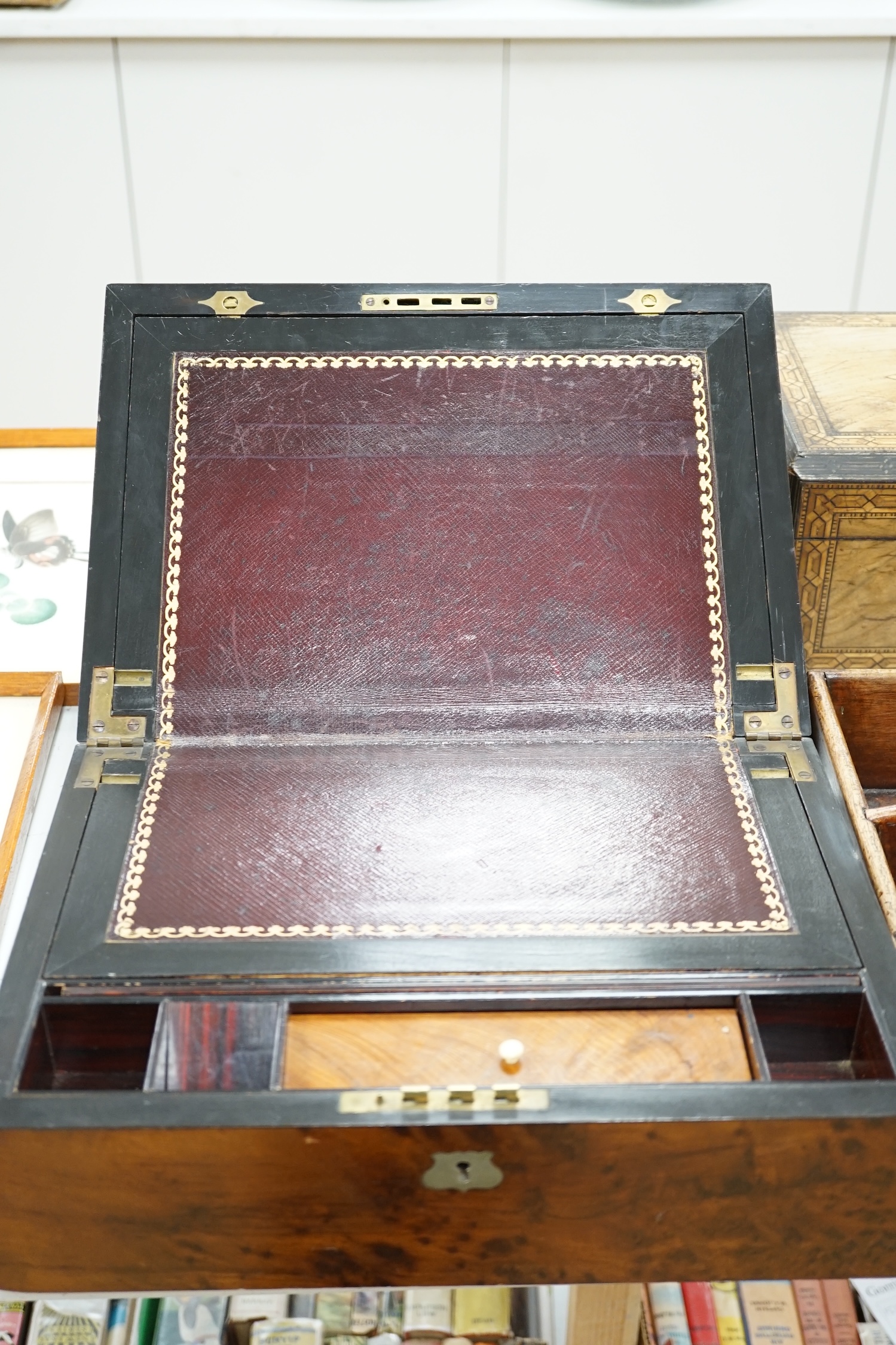 Two Victorian boxes, an amboyna writing slope and a cutlery tray / carrier, largest 33cm wide. Condition - fair